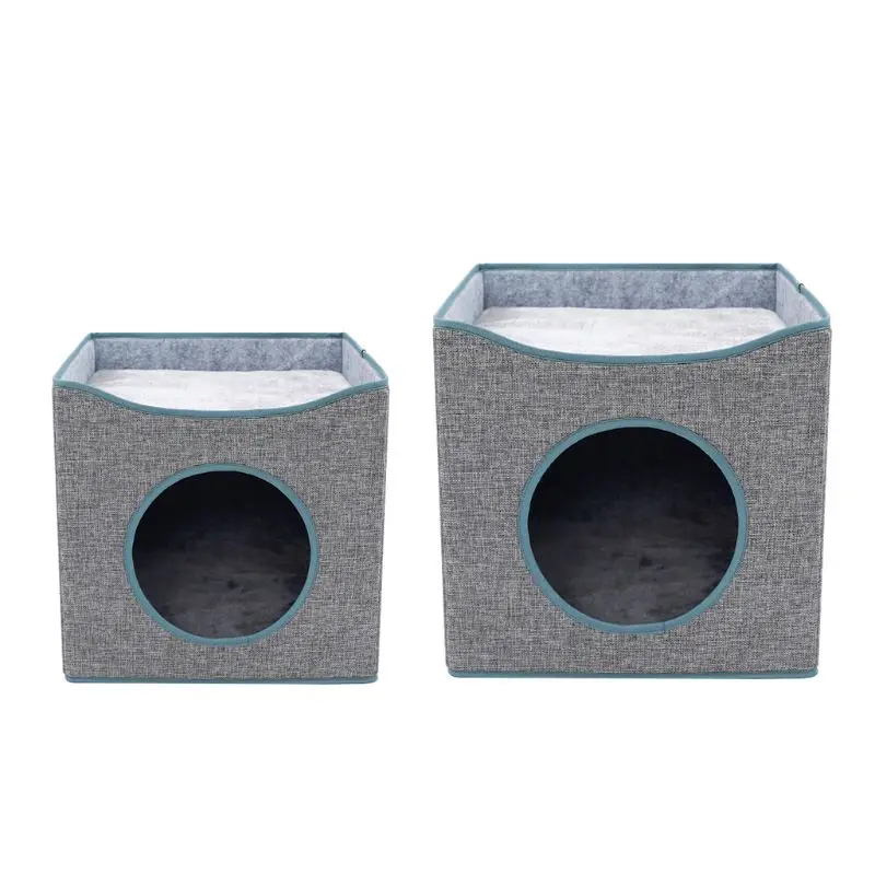 

Universal Folding Cat Cube House Grey Double Layer Kitty Sleeping Nap Bed Condo Pet Anti-scratch Imitation Linen Mat