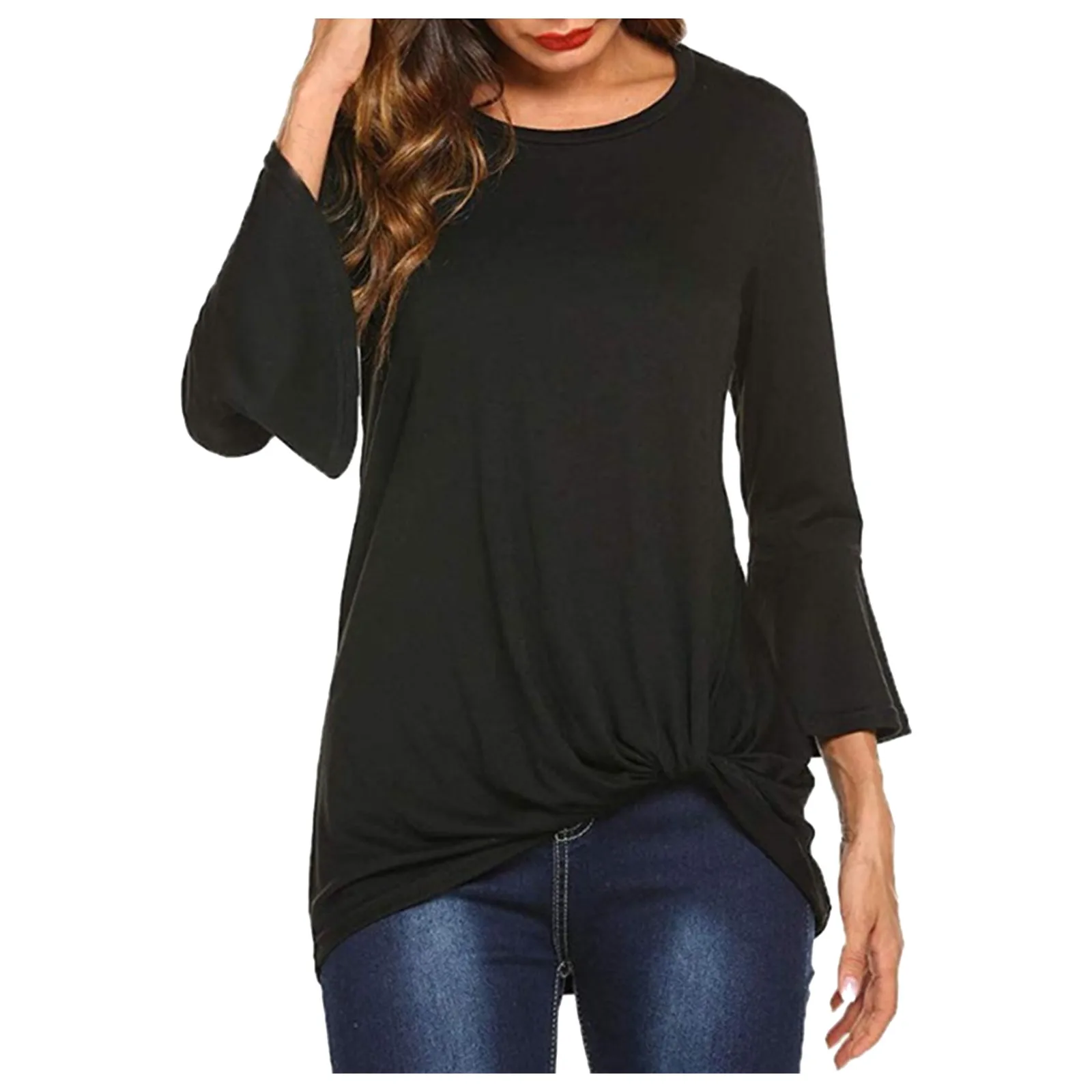 

Женская рубашка с расклешенными рукавами, однотонная Повседневная Блузка с длинным рукавом, круглым вырезом и оборками, офисные топы для ос...