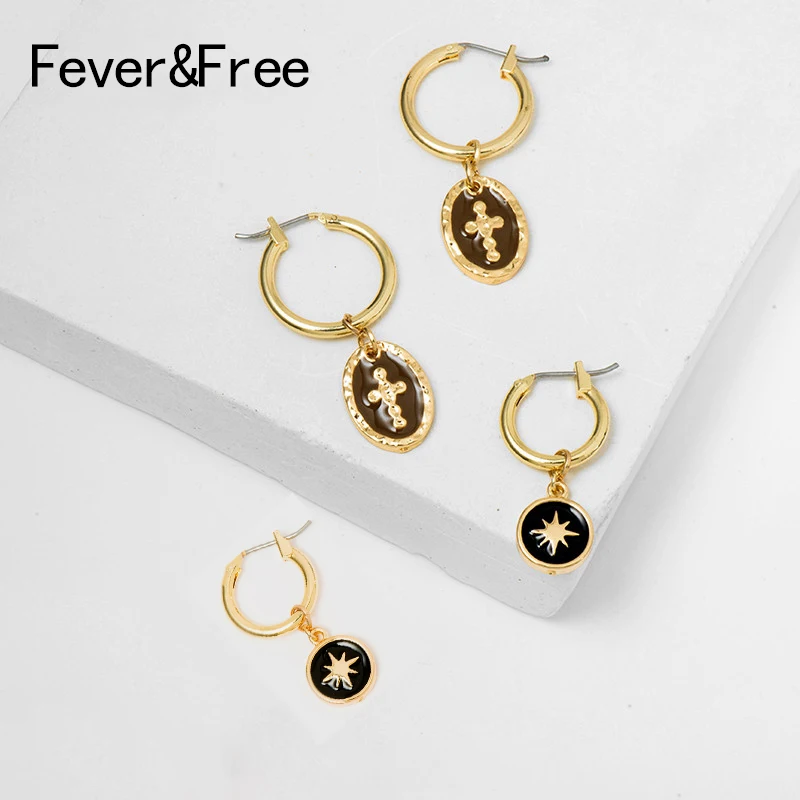 Женские винтажные маленькие круглые серьги обруч с черным крестом Fever & Free