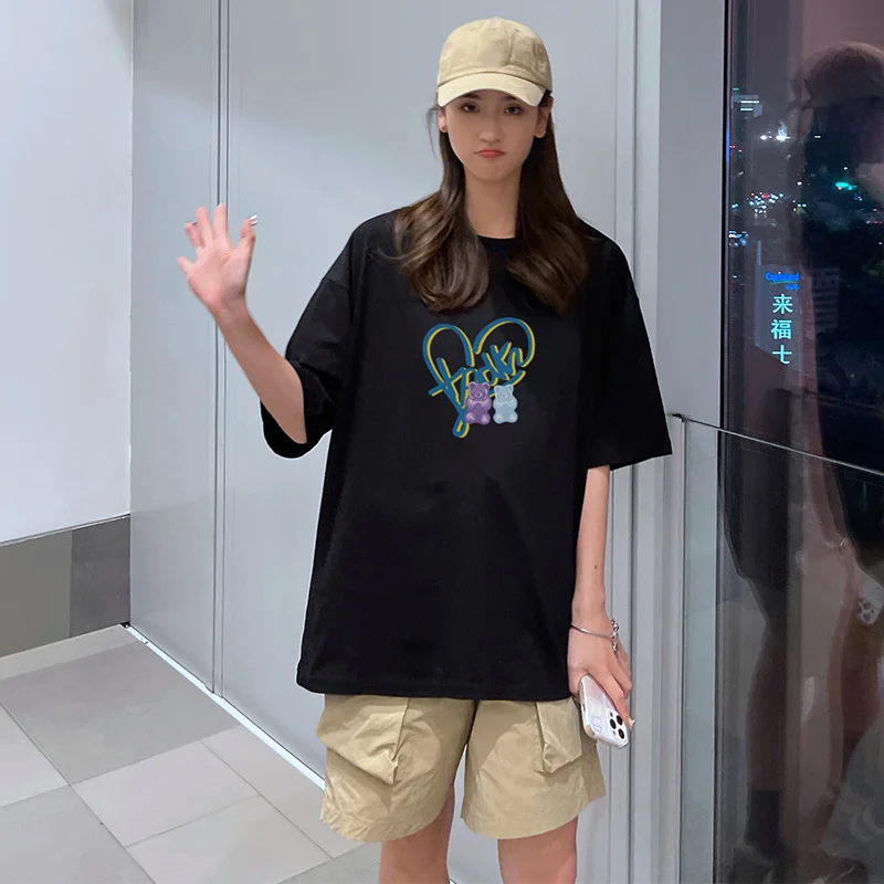 

Heart Print Ladies T-shirt Ladies Casual Basis O-collar White Shirt Short Sleeve Ladies100% Cotton T-shirt Love Graphic Printing