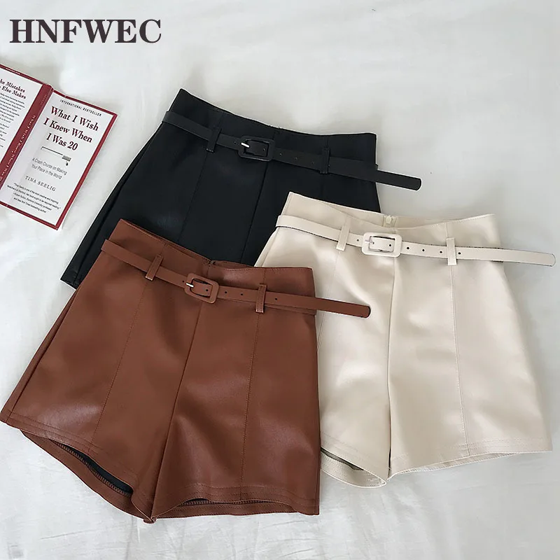 Однотонные женские шорты из искусственной кожи с высокой талией широкие на весну