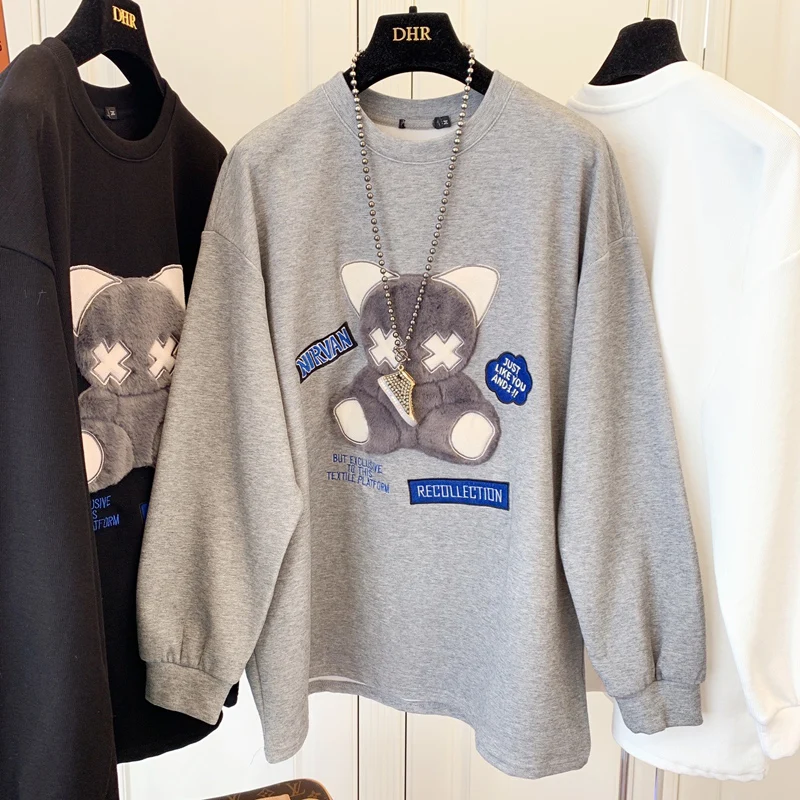 

Loose Thin Sweatshirts Cartoon Print Long Sleeve Shirts O Neck Oversized Streetwear White Gray Black Women Pullovers Spring
