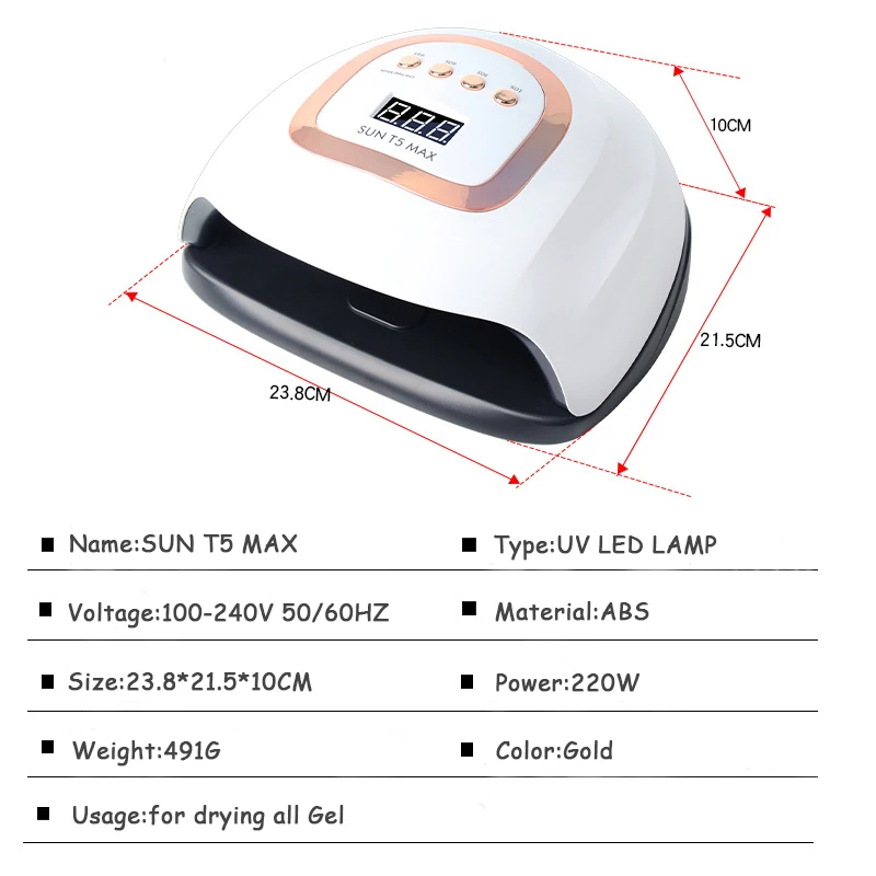 

New SUN T5 MAX 220W Nail Dryer 57LEDS Lamp Ultraviolet For Drying Gel Polishing 10/30/60/99s Timer Auto Induction Manicure Tool