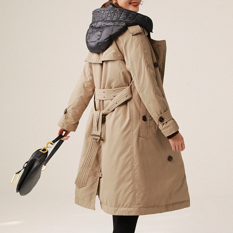 Куртка на белом утином пуху и пальто с капюшоном для зимы Двубортный