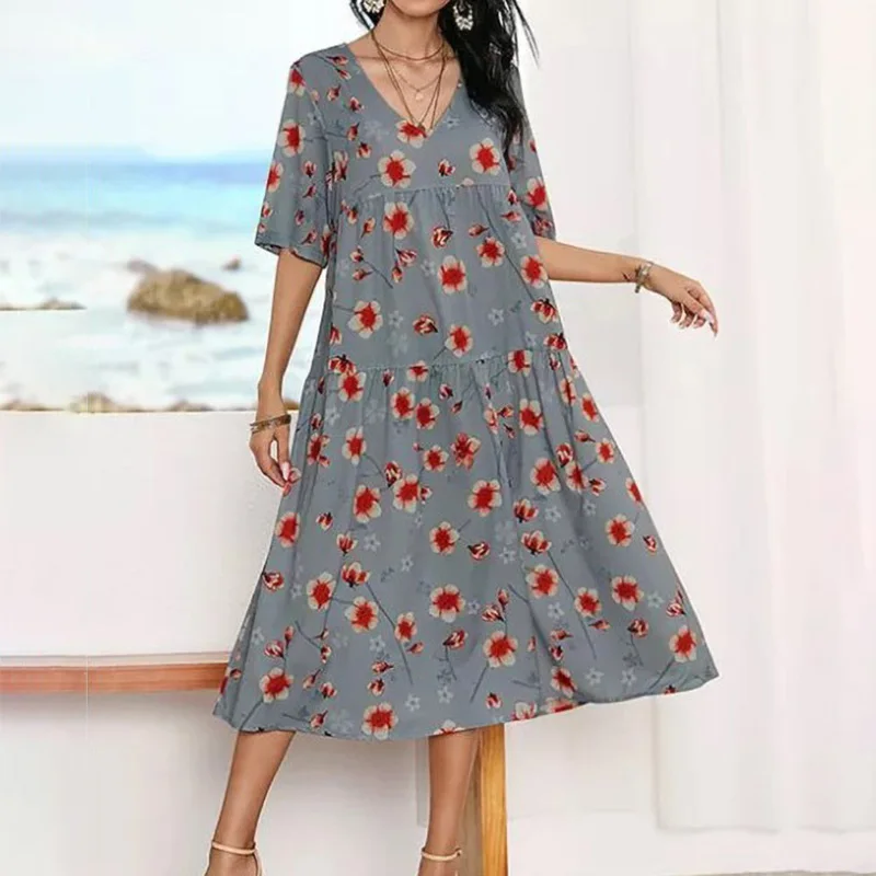 

2021 Elegant Women V Neck Floral Print Dress Sexy Summer Casual Long Loose Party Dress Fashion Beach Short Sleeve Dress Vestidos