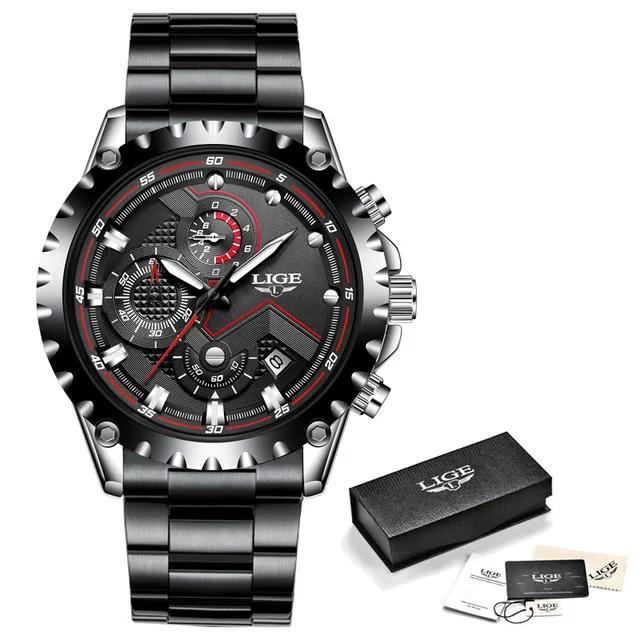 LIGE, новинка, кварцевые мужские часы, многофункциональные спортивные часы с хронографом, мужские роскошные брендовые наручные часы, мужские часы - Цвет: Silver black S