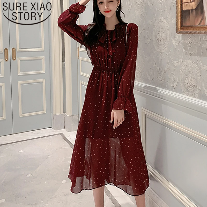 

Корейская версия, весеннее Новое шифоновое платье в горошек с многослойным краем, средней длины, весна-осень 8541 50