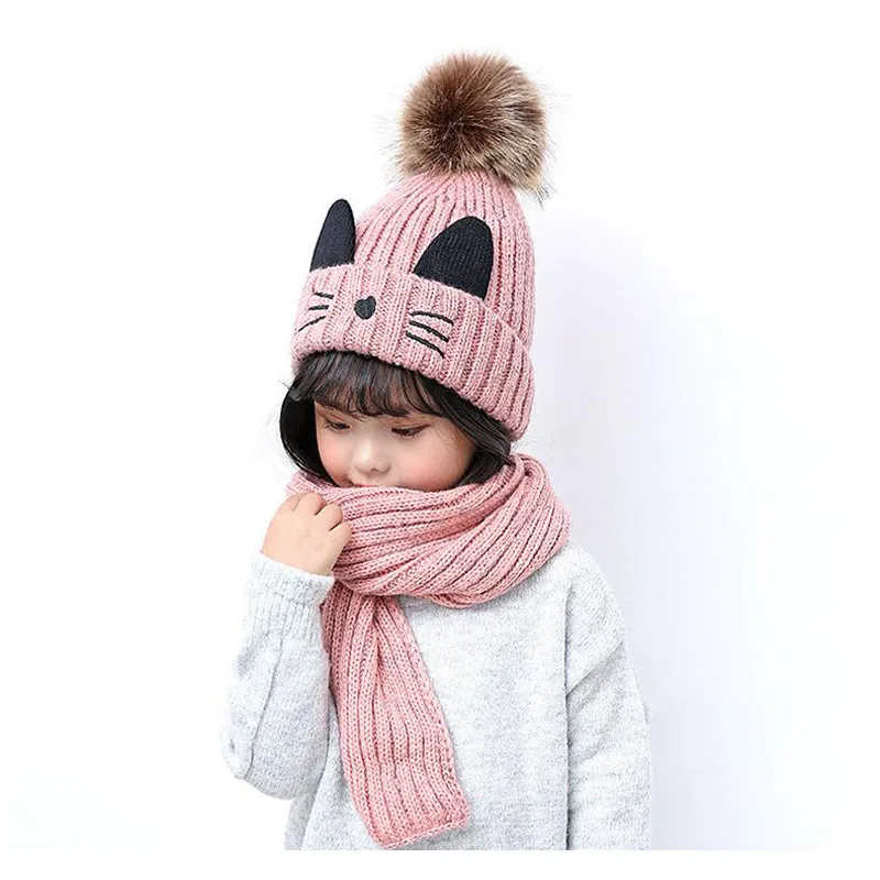 Лыжные шапочки с мультяшным котом комплекты из бархатной шерсти детские вязаные