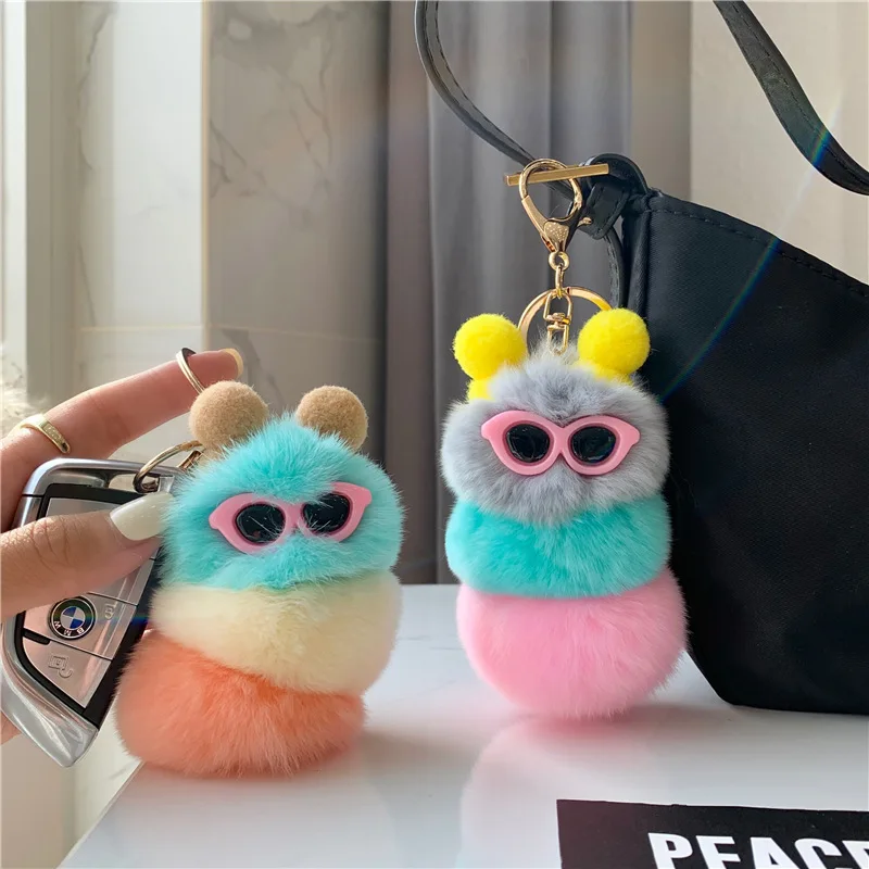 

Korea Kawaii Caterpillar Keychain Personality Popular Glasses Anaimal Bag Decoration Keyring Pompom Plush Doll Toy Car Pendant