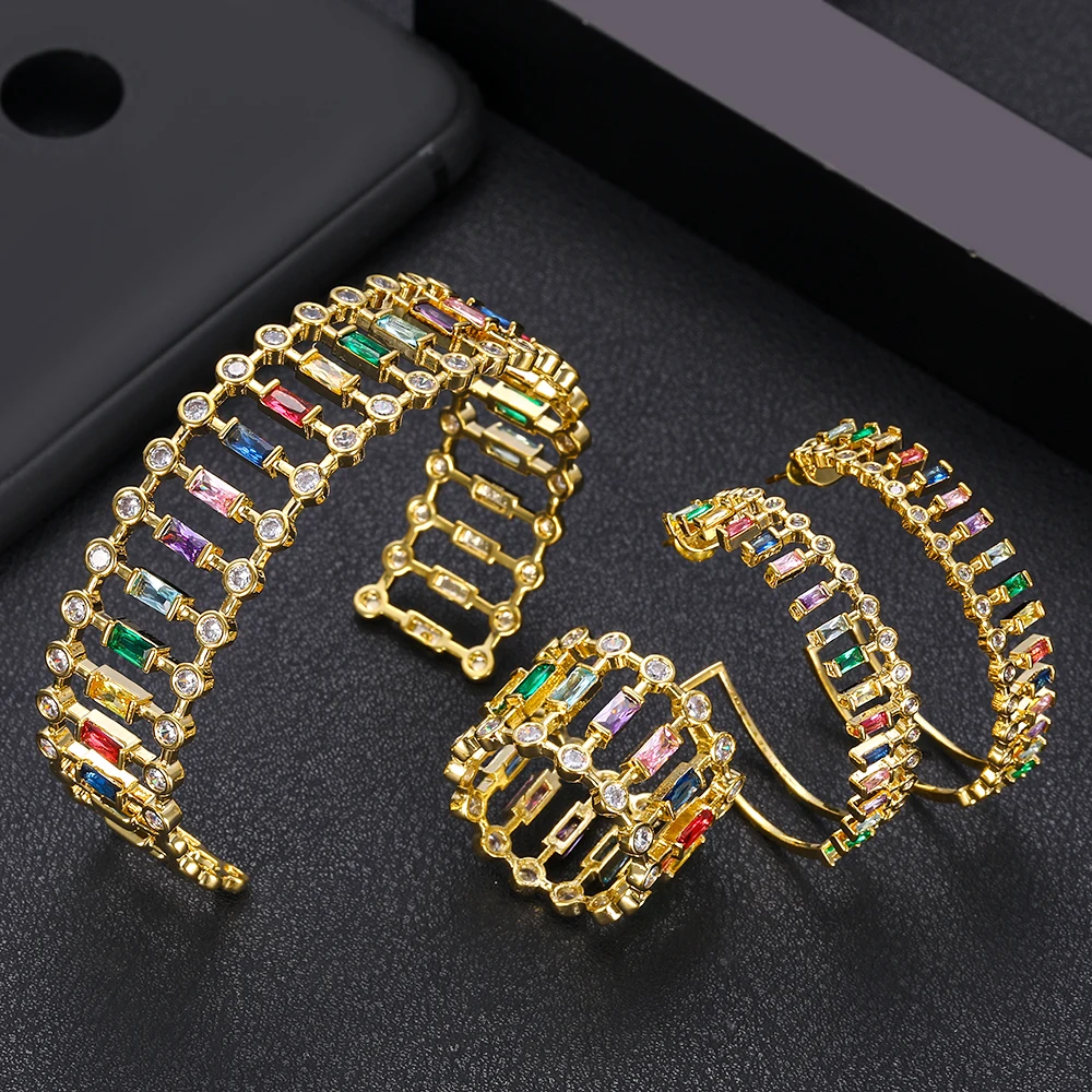 Многоцветный 3 шт Роскошная форма Свадебный кубический цирконий серьги браслеты