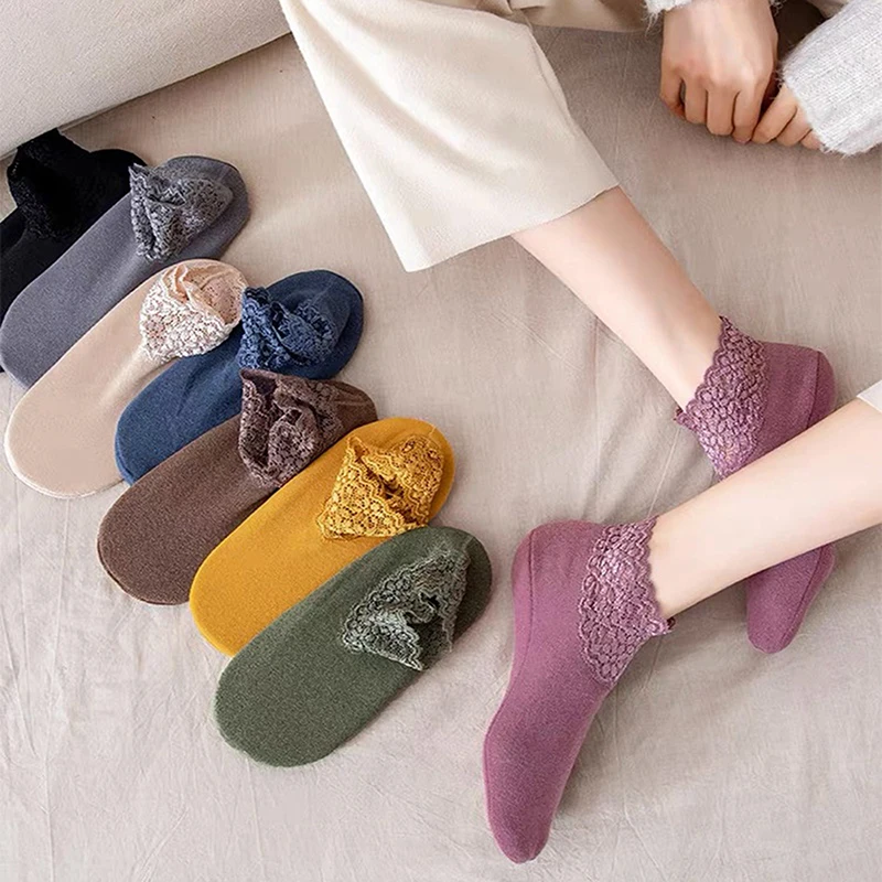 

5 Pairs Women Winter Socks Warm Thicken Thermal Soft Solid Color Socks Wool Cashmere Snow Boots Velvet Lace Home Floor Sock