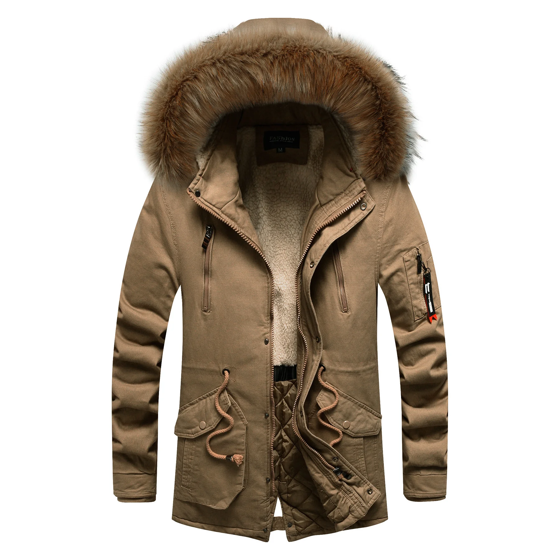 

Fashion wool collar men's thickened and lengthened cotton clothes 2021 winter leisure hooded warm cashmere coat three colors