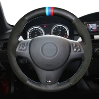 black genuine leather hand sew suede car steering wheel cover for bmw m sport m3 e90 e91 e92 e93 e87 e81 e82 e88