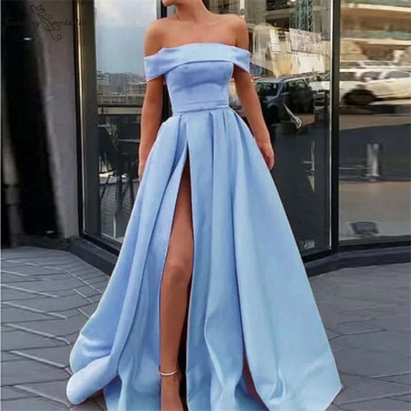 

Light Blue Prom Dresses 2020 Off Shoulder High Split Lace Up Satin Long Evening Dress Formal Party Gowns Vestidos De Festa