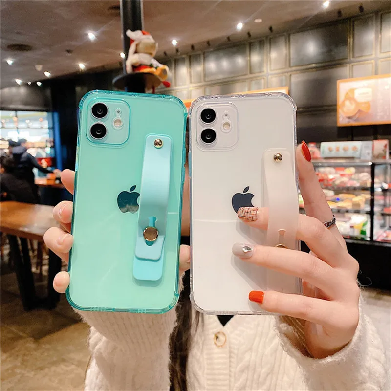 

Transparent Strap Stand Silicone Soft Phone Case For iPhone 7 8 Plus 2020 SE X XR XS Max 11 11Pro Max 12 12Pro Max Pro Mini Case