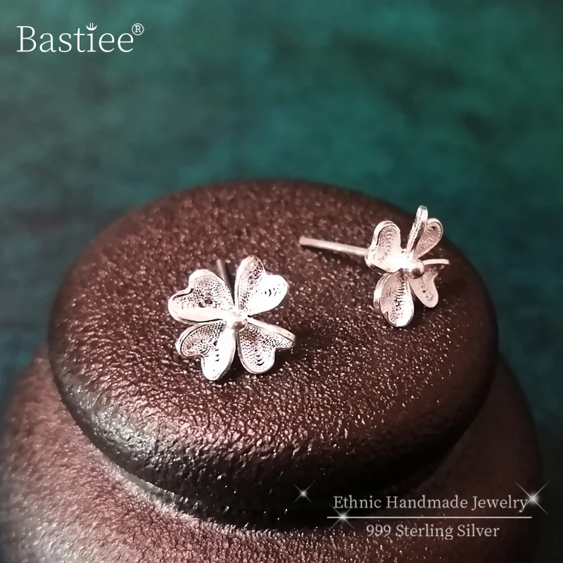 Четыре листа клевера 999 серебро серьги гвоздики цветок 2020 женские Роскошные