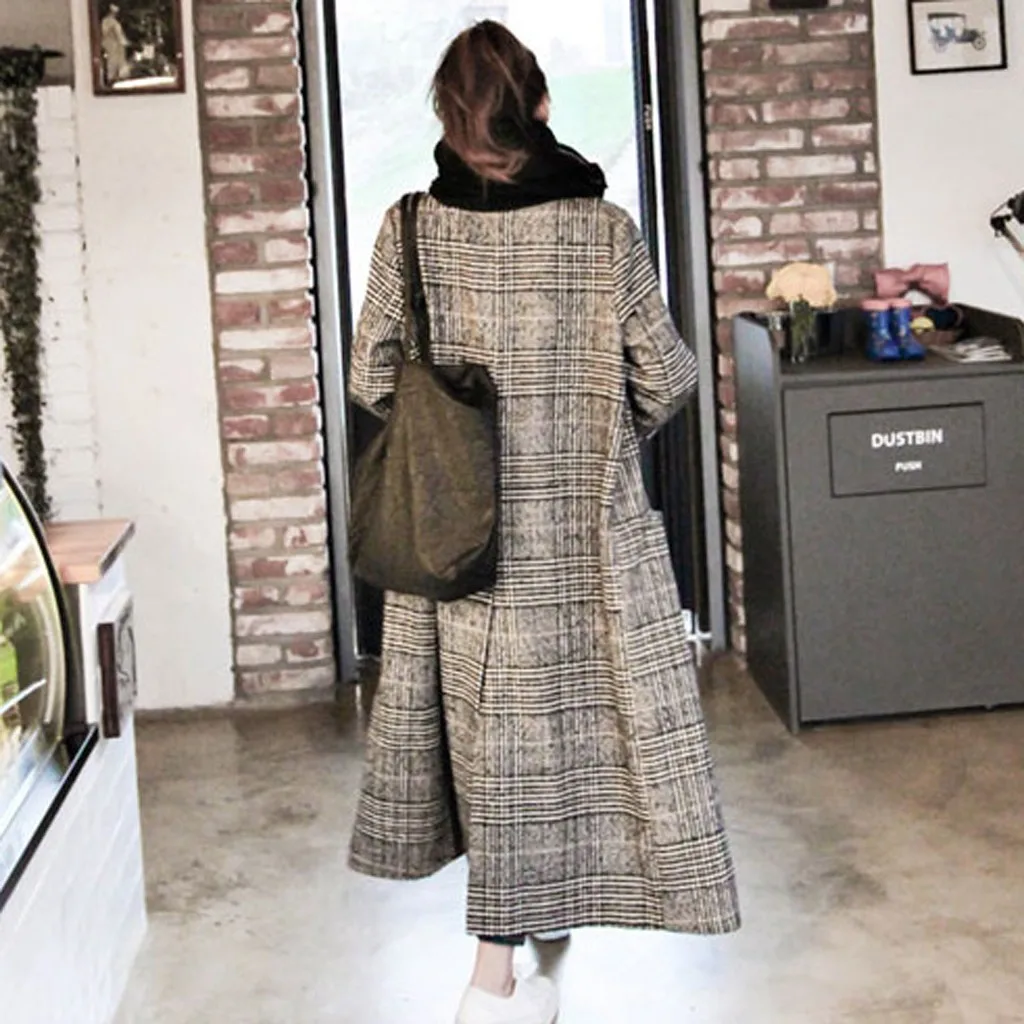 Женское длинное клетчатое пальто SAGACE свободное шерстяное в корейском офисном
