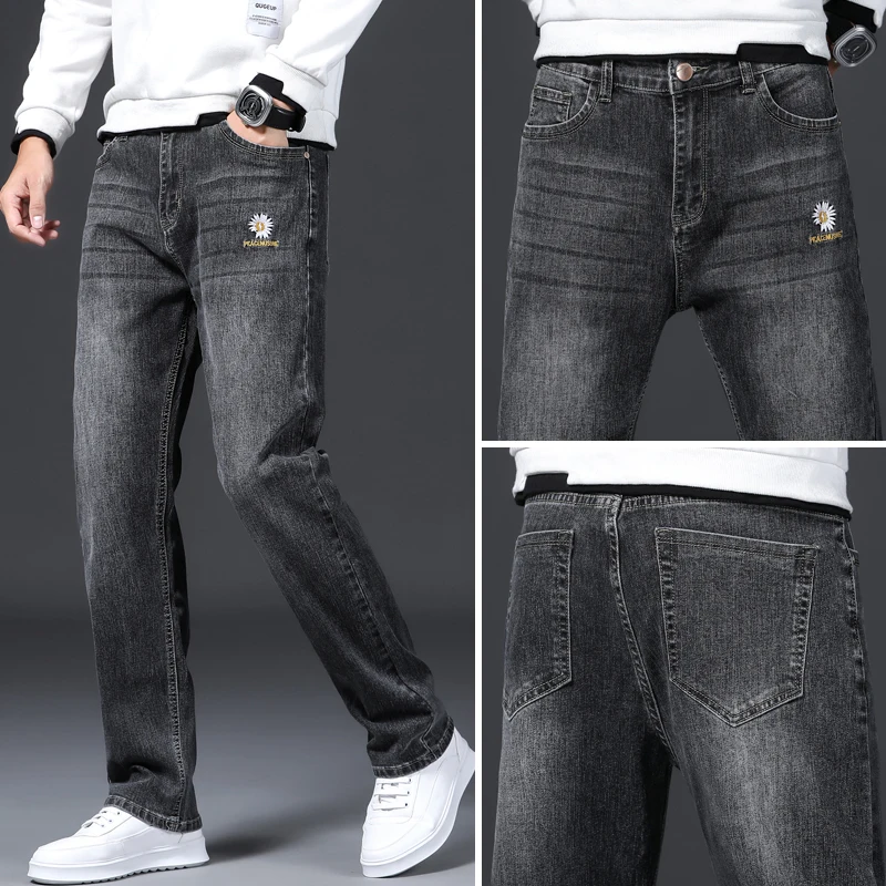 

Spring New Plus Size 40 42 44 Men's Loose Casual Jeans Classic Gray Black Fashion Stretch Denim Pants Male Brand Cowboy Trousers