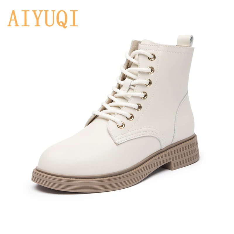 

AIYUQI Women Ankle Boots Genuine Leather 2021 New Winter Fur Martin Boots Women British Style Trend Lace-up Women Short Boots