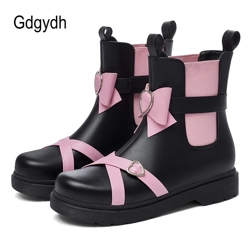 

Gdgydh Flat Platform Demonia Boots Heart Buckle Sweet Kawaii Pink Lolita Shoes Women Fashion College Student Boots Plus Size 43