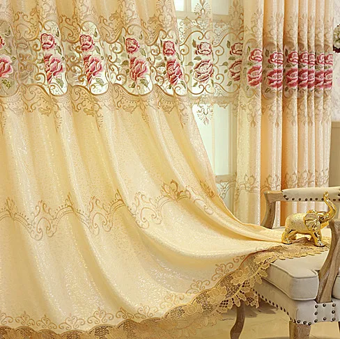 

European Style Curtains for Living Dining Room Bedroom Beige Peony Embroidery Not Hollow Curtains Tulle Finished Customization
