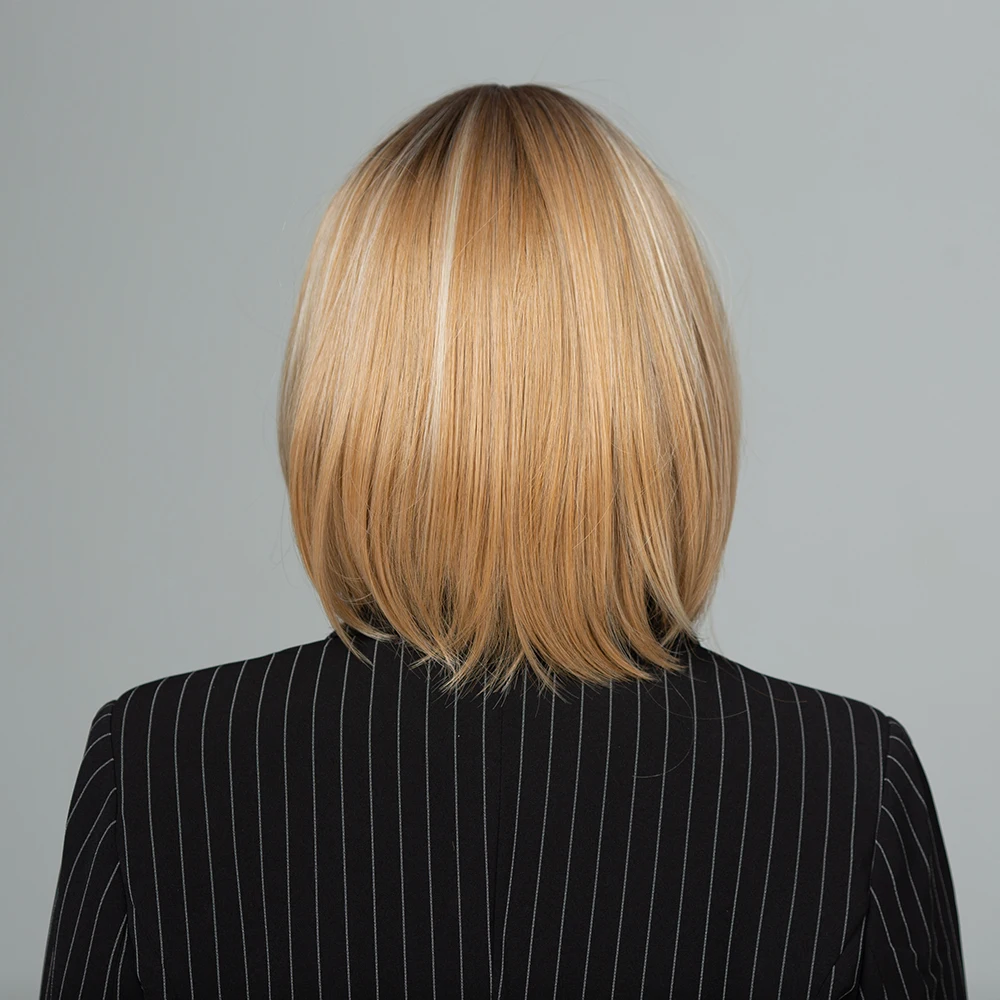 

ALAN EATON Short Straight Brown Golden Blonde Ombre Synthetic Highlight Wigs with Bangs Women Dark Root Bob Heat Resistant Hair