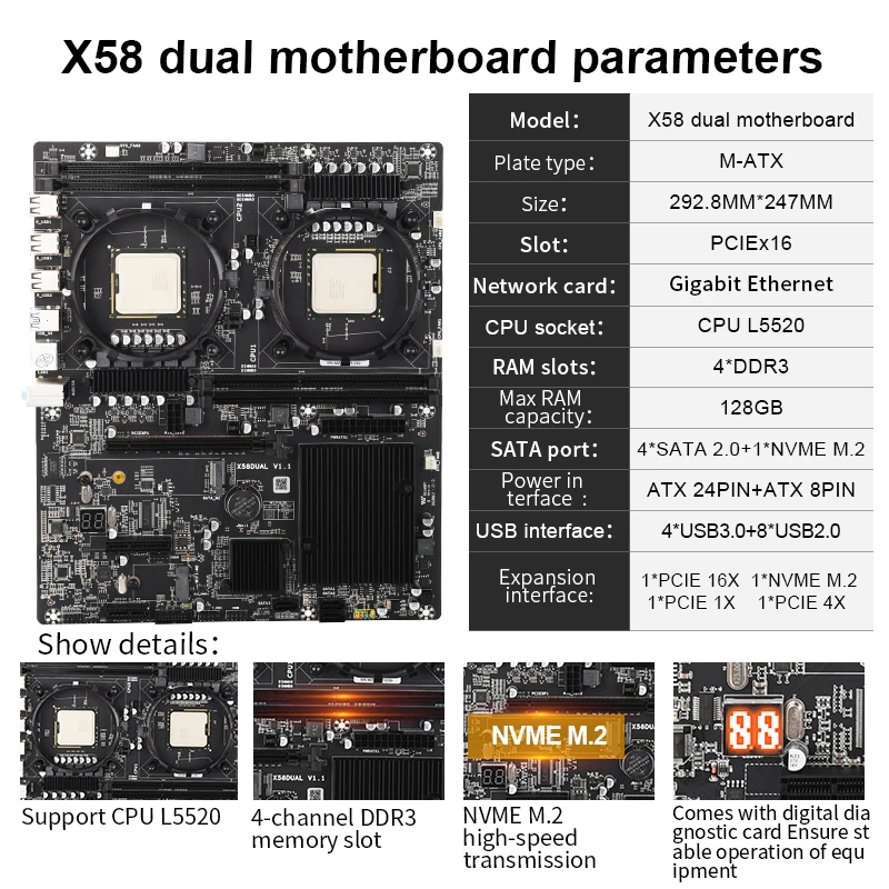 Online JINGSHA X58 Dual Lga 1366 Motherboard Dual Mit Onboard CPU L5520 2,27 GHz X58 Chipsatz 4 Channles DDR3 Unterstützung SATA 2,0 USB 3,0