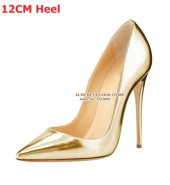 gold 12cm heel ALMUDENA/брендовые туфли-лодочки на шпильке 12, 10, 8 см модельные туфли из лакированной кожи дизайнерские свадебные туфли с острым носком на тонком каблуке размер 45 - Цвет: gold 12cm heel