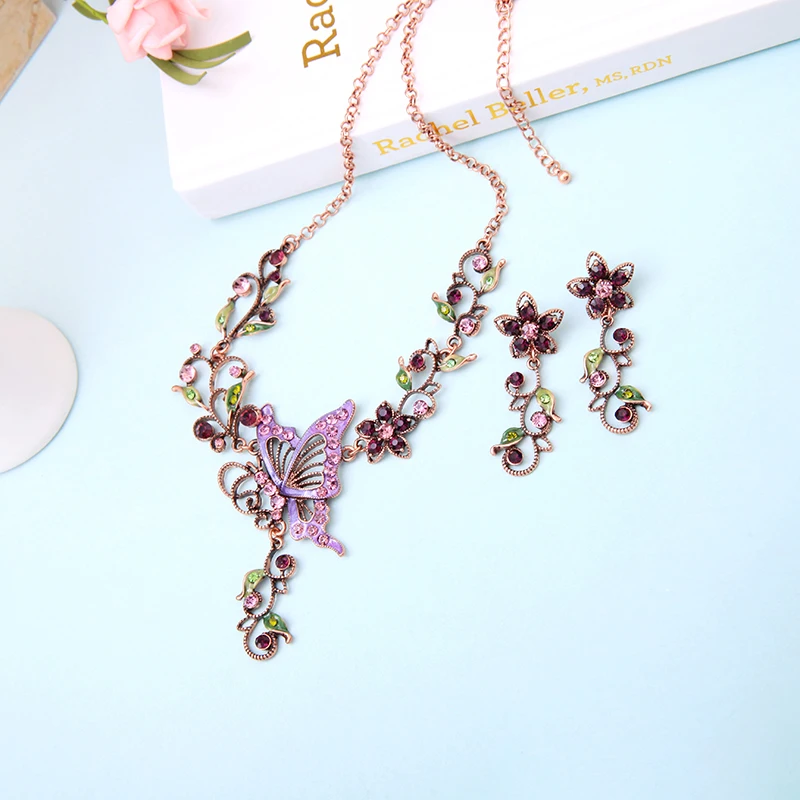Fashion Necklace Jewelry Vintage Style Unique Crystal Enamel Butterfly Flowers Statement Earing For Women Set | Украшения и