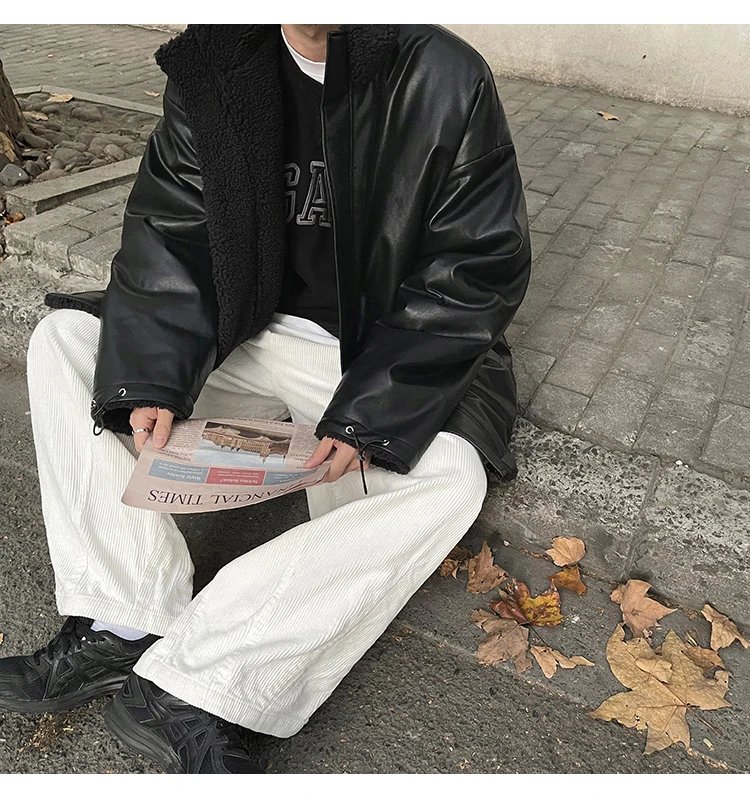 DIMI Winter Oversized Warm Thick Reversible Leather Jacket Men with Fleece Inside Zip Up Casual Loose Luxury Fashion