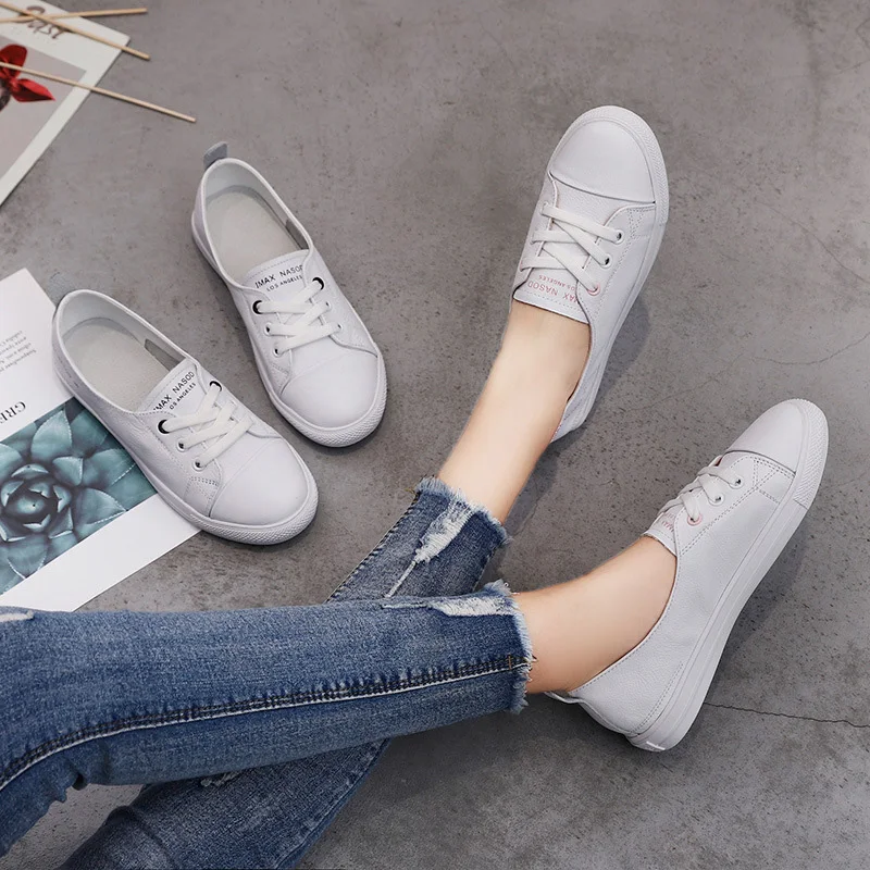 

Women's Genuine Leather Sneakers Women Casual Fashionable Sports Shoes Vulcanized Woman Summer Flat Shoe Ladies White Lacing 40