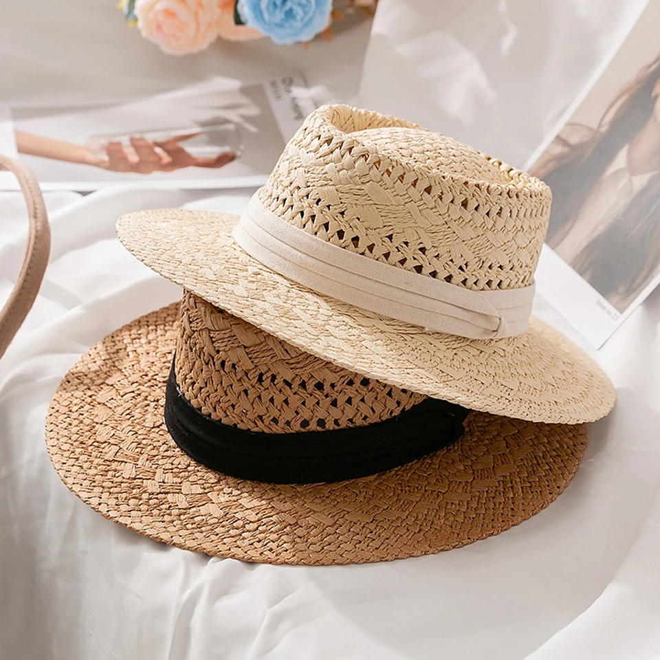 Summer Fashion Round Top Straw Hat Wide Brim Beach Hat With White Black Belt Women's Fedoras Breathable Hollow Sun-Shading Cap