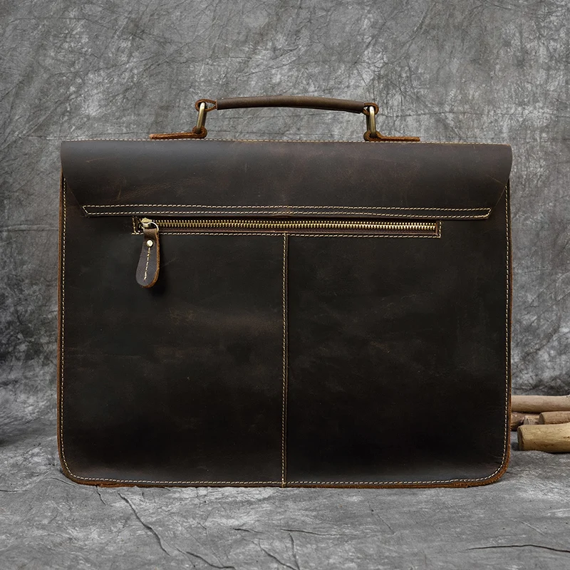 vintage men briefcase crazy horse genuine leather man male laptop handbag large shoulder messenger portfolio bag business case free global shipping