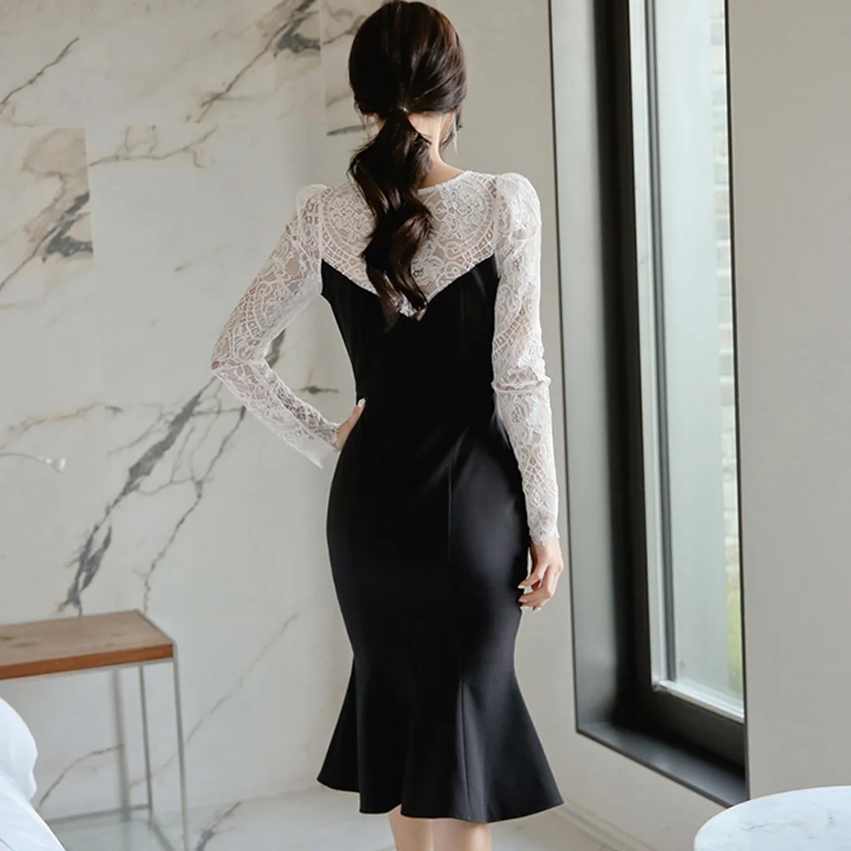 Женское офисное платье с длинным рукавом элегантное черное ажурное V-образным