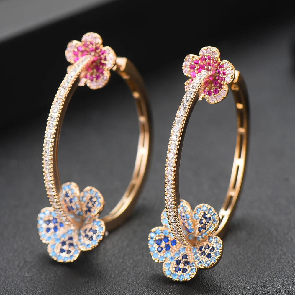 

LARRAURI Romantic Sweet Flower Hoop Earrings AAA Cubic Zircon Statement Earrings For Women Wedding DUBAI Bridal Round Earrings