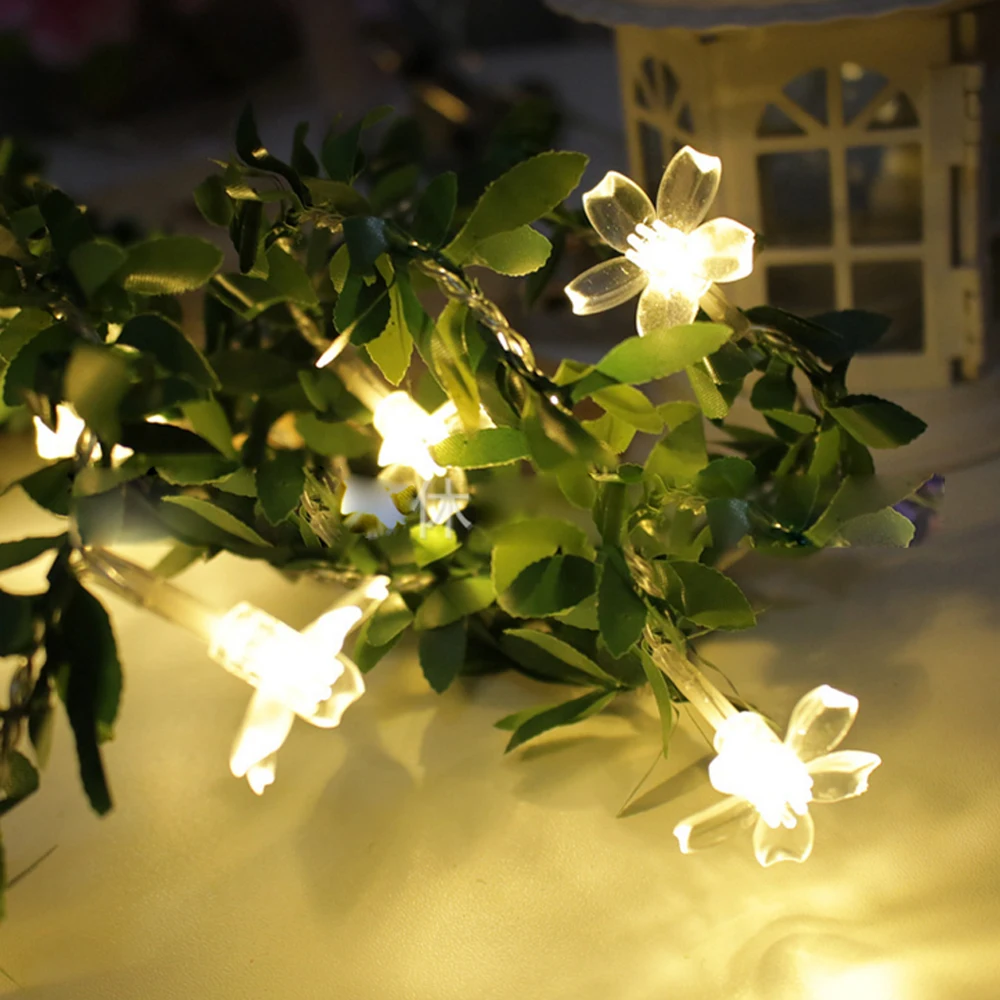 Cherry Blossom Flower LED String Green Leaf Fairy Lights 10/20/40/30/50/100 Leds Garland Lamp USB/Battery/Solar Powered Decors | Освещение