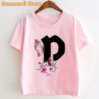 cute name alphabet p letter print t shirt girls kids clothes summer fashion tshirt pink short sleeve flowers t shirt streetwear