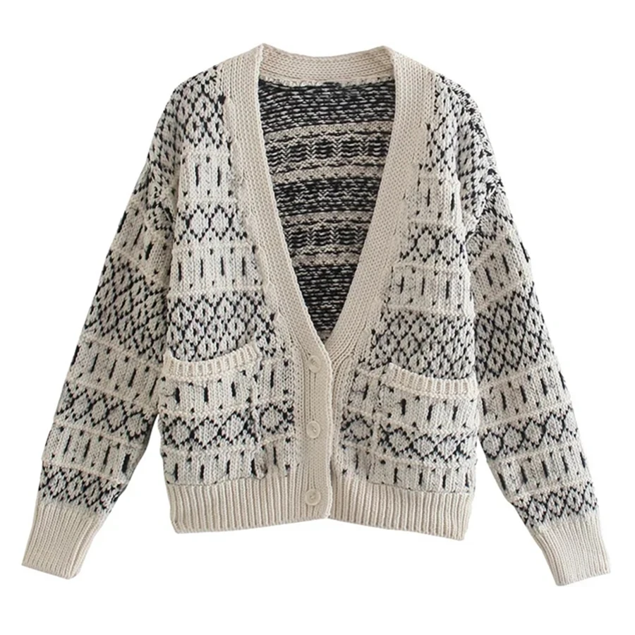 

Dave&Di Indie Folk Vintage Jacquard Weave Single BreastedWinter Cardigans Women Loose Knitted Jacket Women Sweaters WomenTops