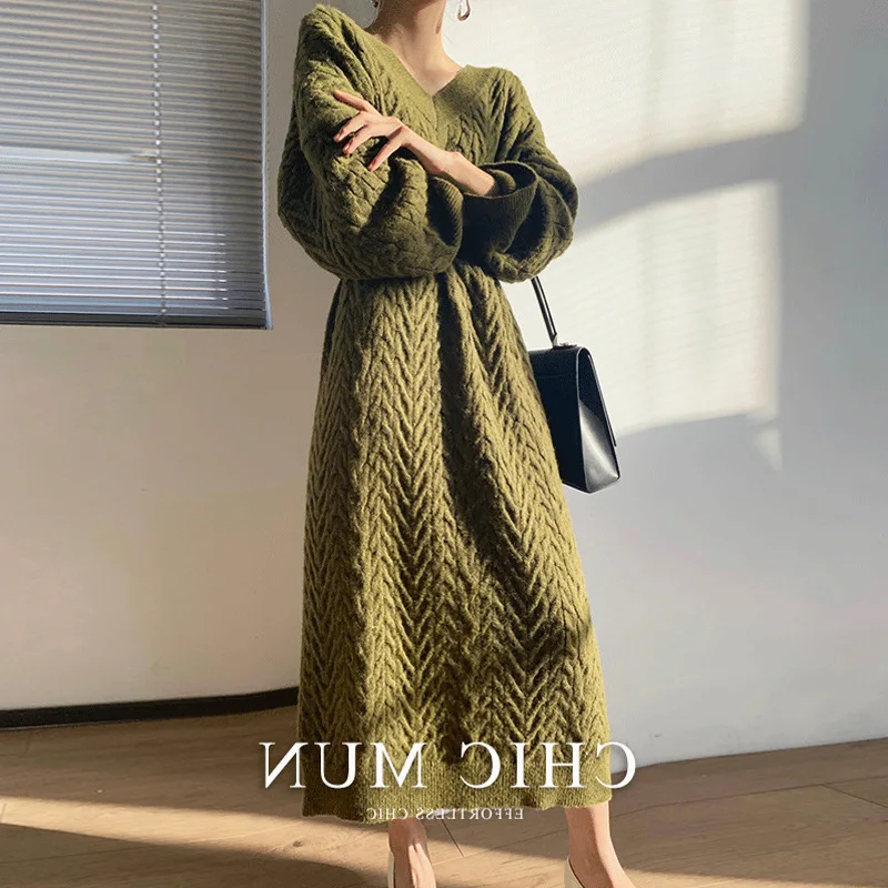 

Over-the-knee knit dress women's loose temperament V-neck dress bottoming sweater skirt.