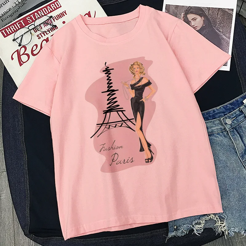 Женская футболка с принтом Hello Paris модная летняя розовая в стиле Харадзюку