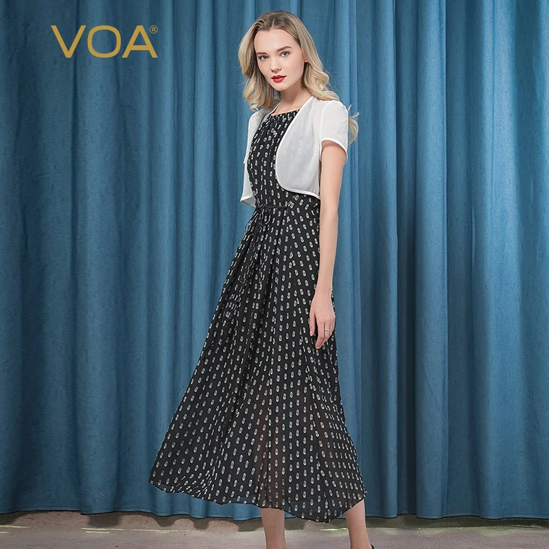 

VOA Silk Wave Point Long Dress A Line Two Piece Set Dress Plus Size 5XL Loose Women Casual Beach Holiday Lace-up Summer A5695