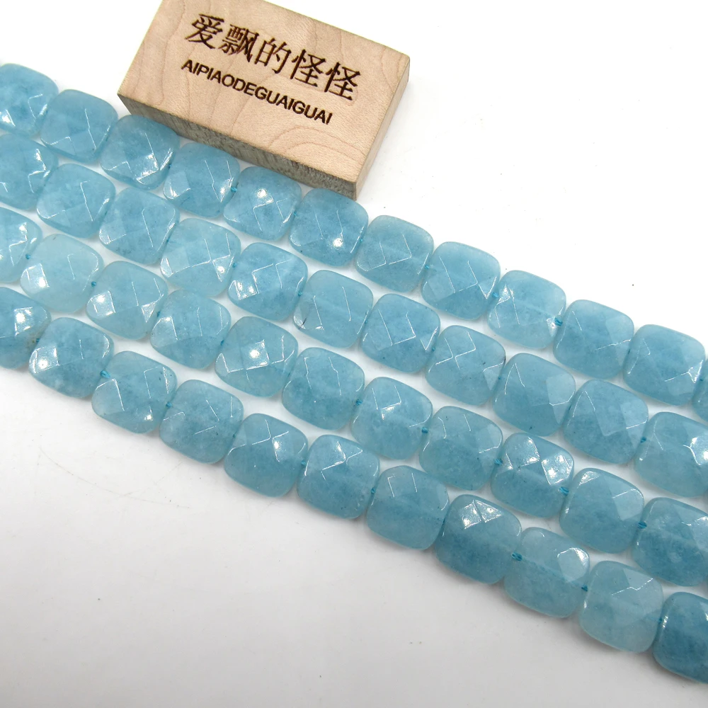 

APDGG 14MM Faceted Sponge Blue Quartz Jade Square Gemstone Loose Beads 15" Strand Jewelry Making DIY