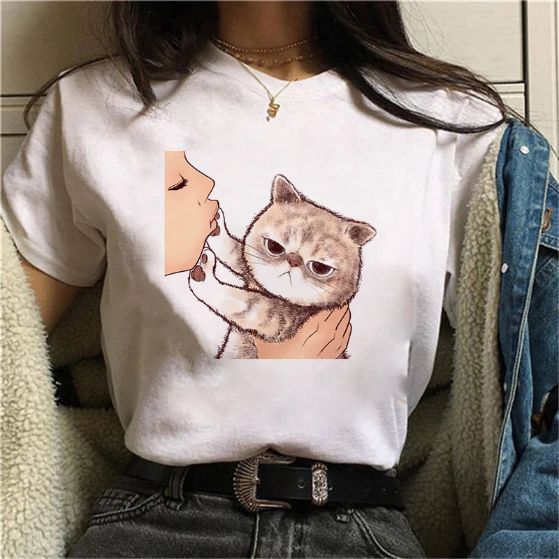 

T-Shirt Kawaii blanc pour femmes, estival et décontracté, avec chat mignon imprimé, 2021