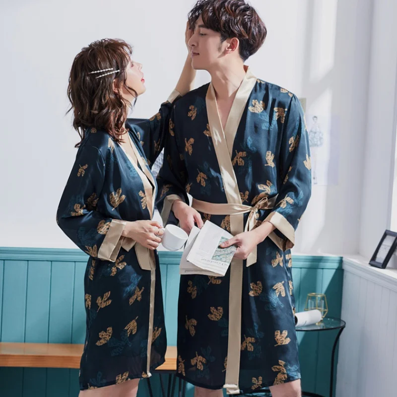 Luxury Print Men's Silk Kimono Robe Hotel Spa Shower Vacation Long Sleeve Sleepwear Bathrobe Wedding Satin Nightgown Summer