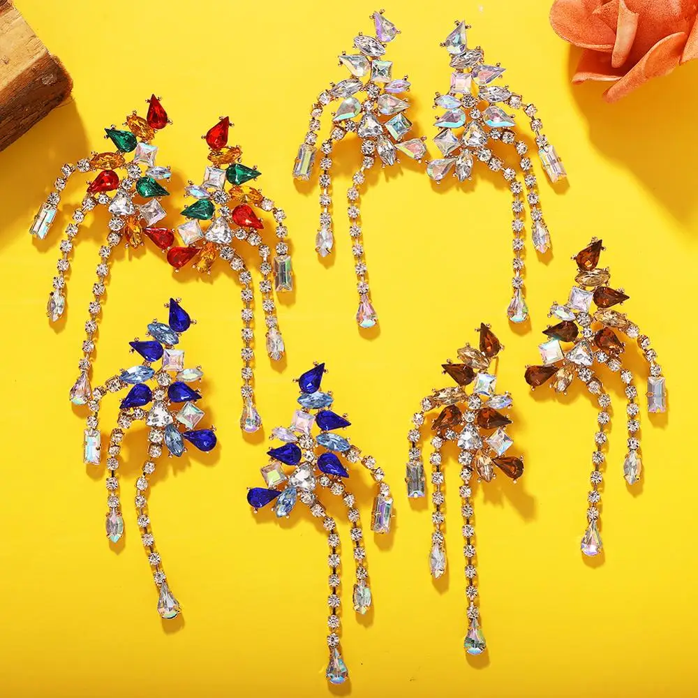 

Dvacaman Spring Summer 2022 Luxury Crystal Fringed Statement Earrings Women Long Rhinestone Tassel Dangle Drop Earrings Wedding