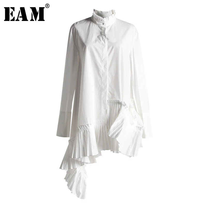 [EAM] 2021 Новинка весна осень воротник стойка длинный рукав Белый Свободный