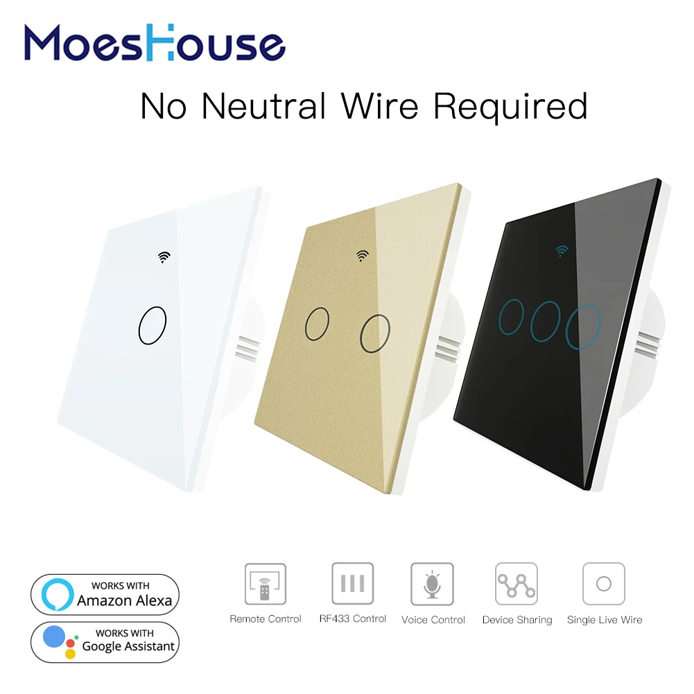 

WiFi Smart Wall Switch No Neutral Wire Needed Wireless Smart Life Tuya Remote Control Single Fire Work with Alexa RF433
