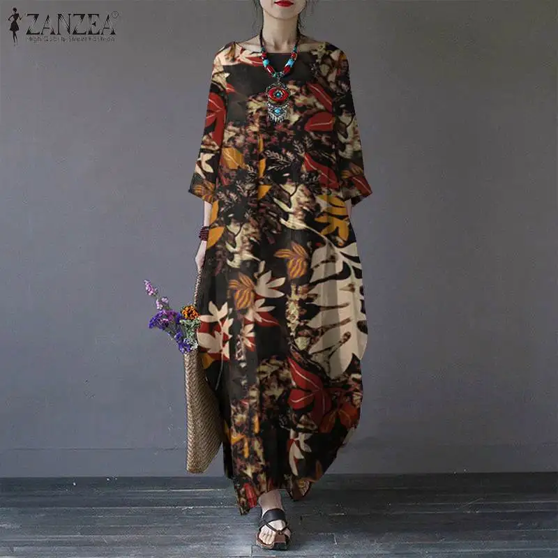 ZANZEA Women Vintage Floral Printed Dress Autumn 3/4 Sleeve Cotton Linen Sundress Kaftan Femme Loose Baggy Maxi Long Vestidos | Женская