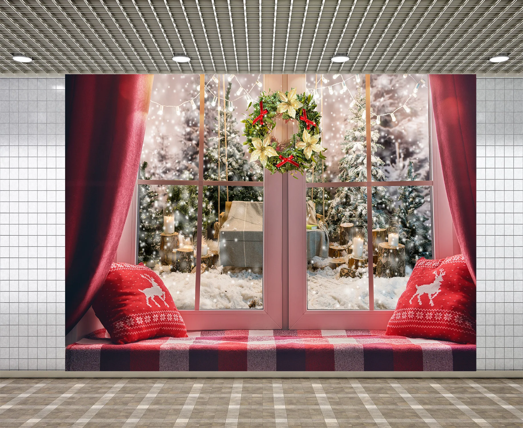 Фон для фотосъемки Lyavshi с изображением рождественского окна зимней елки скамейки