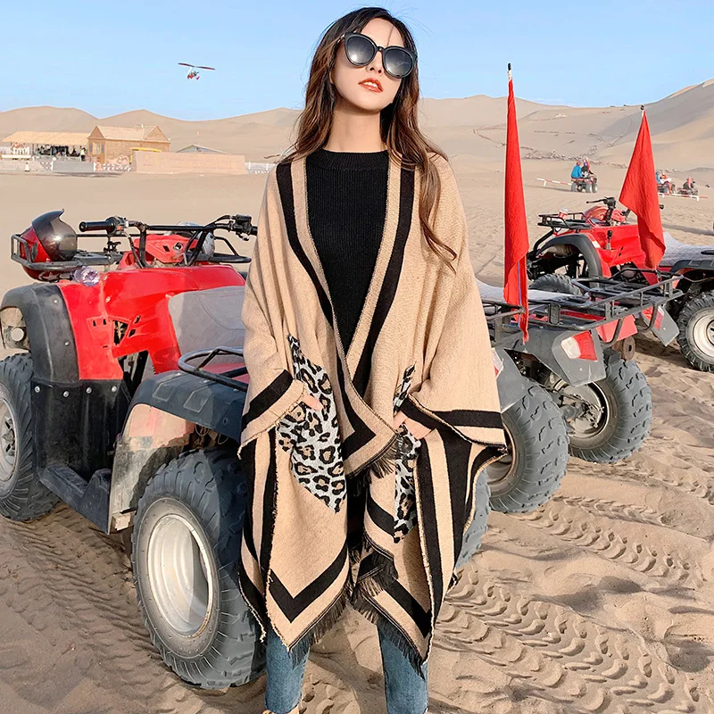 2019 7 Colors Big Pendulum Cloak Ethnic Style Arabic Poncho Women Grey With Leopard Pocket Shawl New Fashion Blanket |